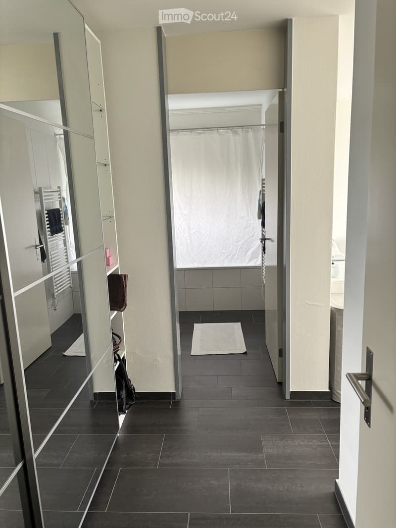 A modern hallway with dark tiled flooring, light-colored walls, and a small white rug leading to a bathroom area with a shower curtain and a towel rack.