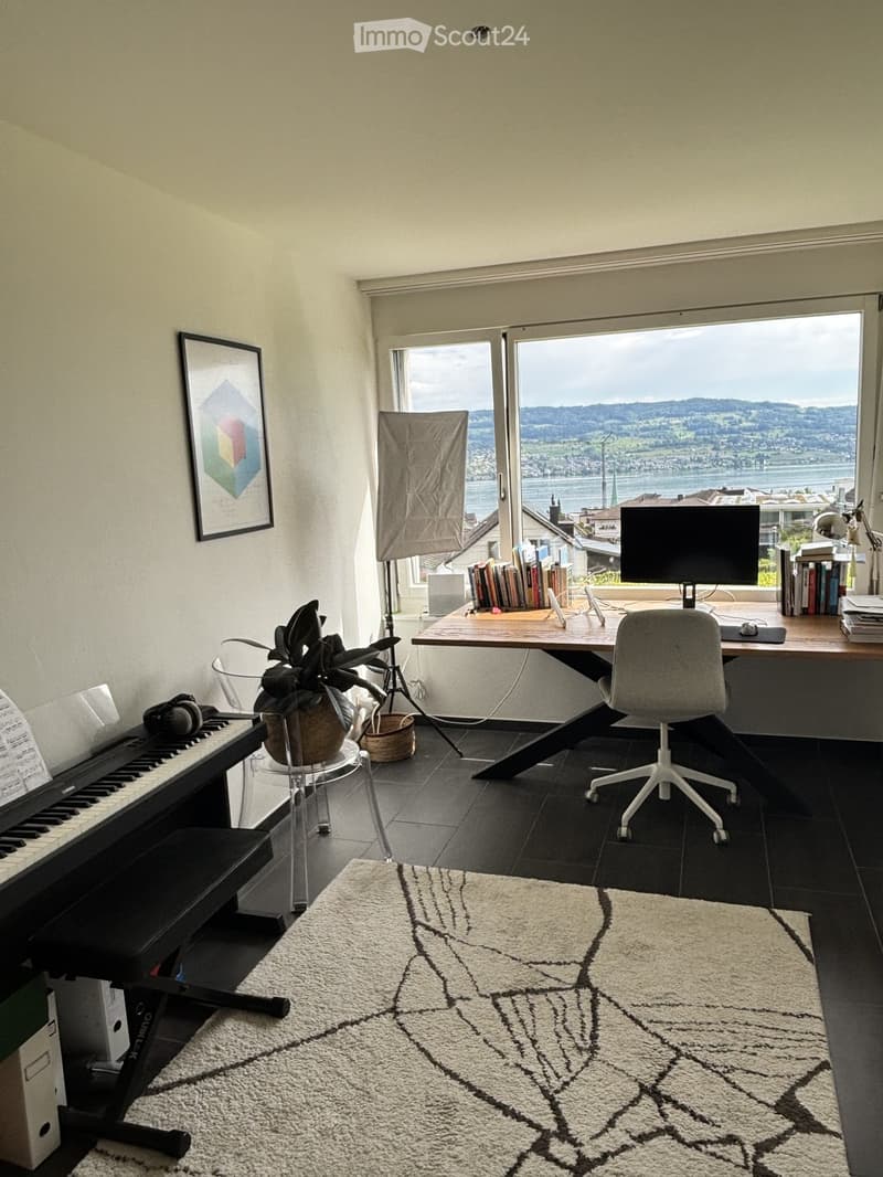 Bright room with large windows offering a scenic view, furnished with a desk, chair, screen, laptop, books, piano, plant, and a rug.