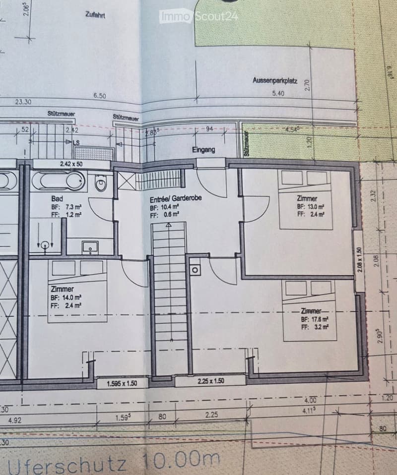 Floor plan showing a house layout with labeled rooms including a bathroom, entrance/wardrobe, and multiple bedrooms with specified floor areas.