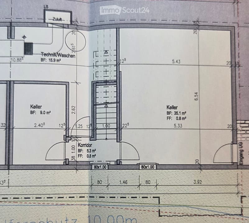 Floor plan of a basement level showing multiple rooms including a Technik/Waschen area, two Keller rooms, and a Korridor. Dimensions and floor areas are labeled.