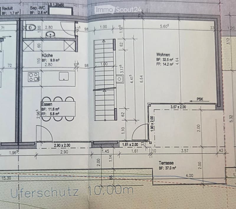Floor plan showing a kitchen, dining area, living room, and terrace with measurements and room labels.