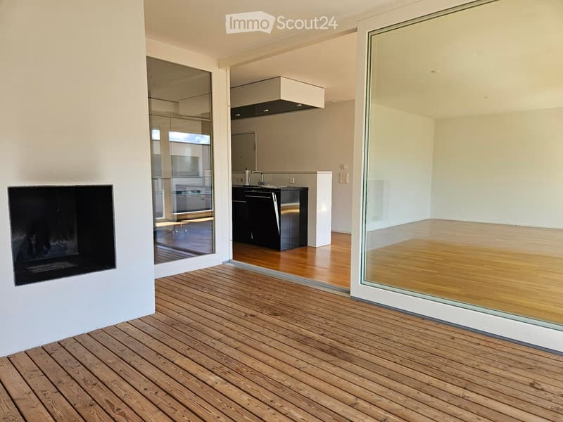 Empty room with wooden flooring, white walls, large glass sliding doors, and a fireplace on the left side.