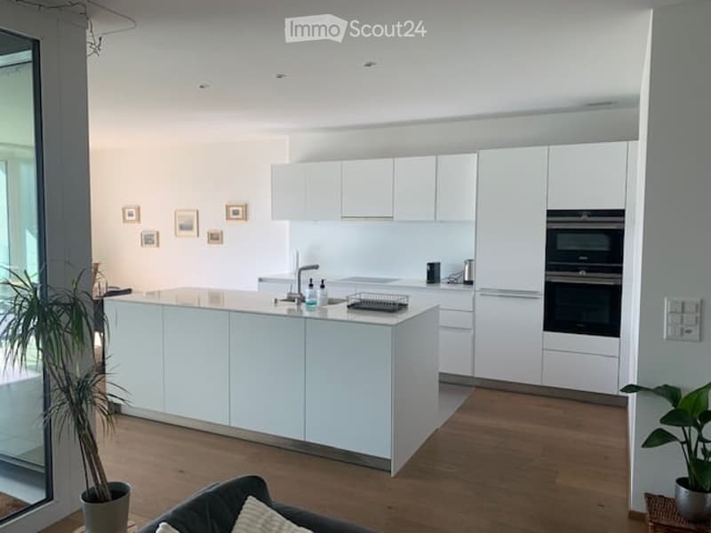 Modern, minimalist kitchen with white cabinets, a central island, and built-in appliances. The space features a sleek design with a wooden floor and potted plants adding a touch of greenery.