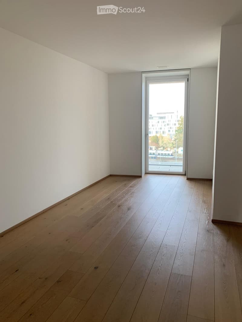 Empty room with light wooden flooring and white walls, featuring a large glass sliding door leading outside.