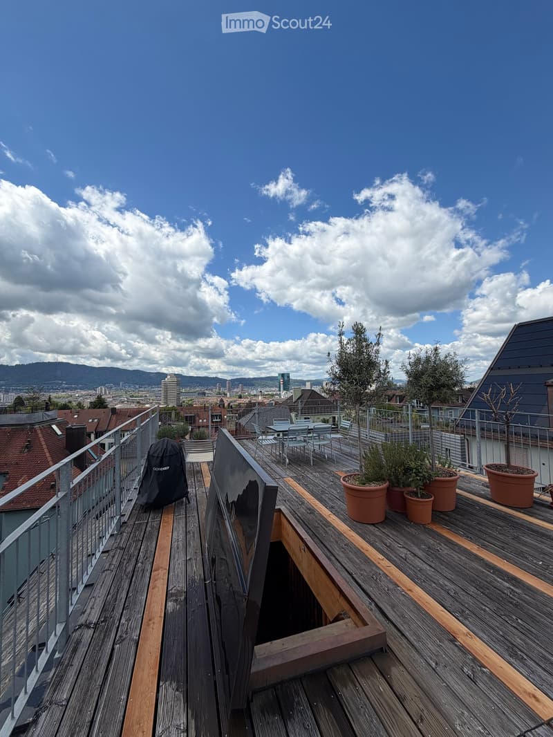 Wooden terrace with metal railing, outdoor furniture, potted plants, and cityscape view.