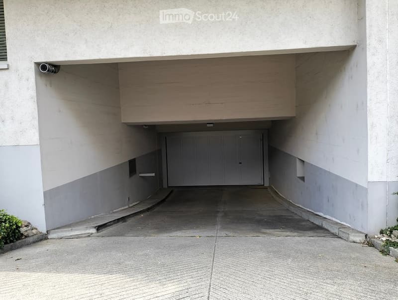 Underground garage entrance with a single garage door, concrete floor, and surrounding building walls.