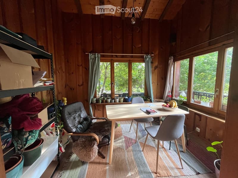Cozy wooden room with a table, chairs, sofa, shelf, and plants. Large windows offer a view of greenery outside.