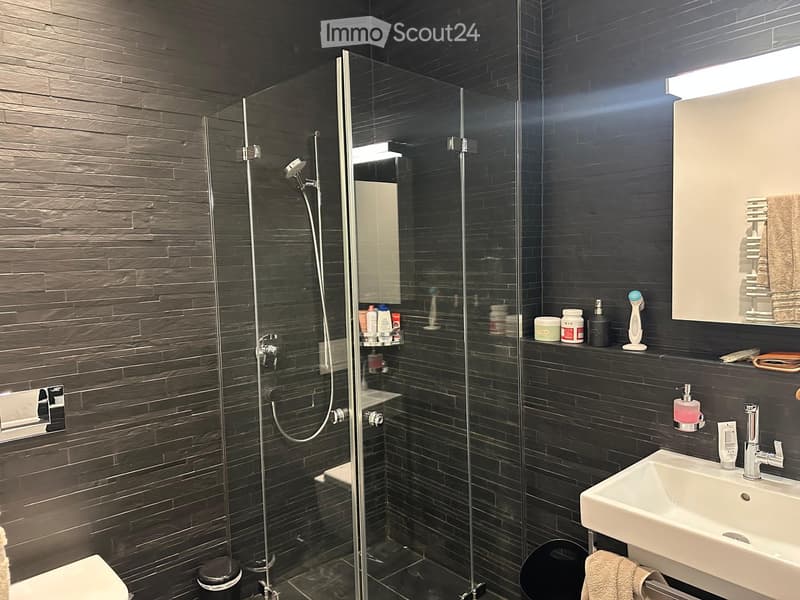 Modern bathroom with dark tiled walls, a glass-enclosed shower, a white sink with a modern faucet, a toilet, and a mirror with built-in storage. Shelves hold various toiletries and a towel rack with towels.