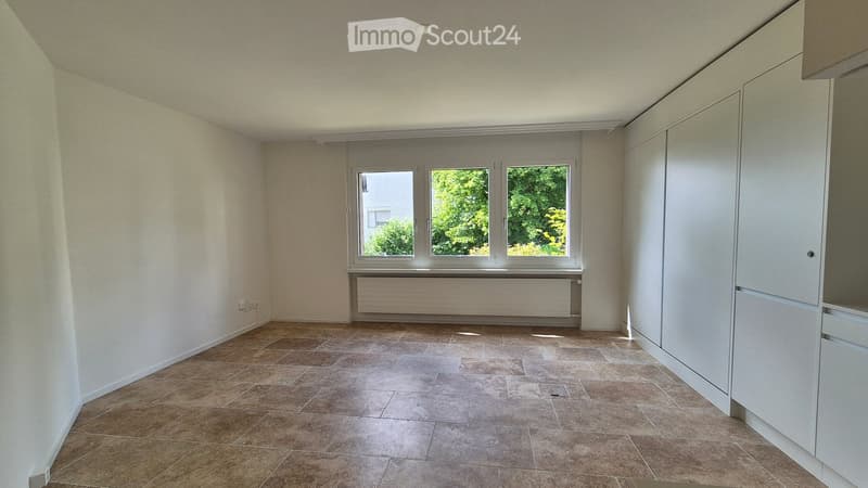 empty room, white walls, tiled floor, large window, radiator