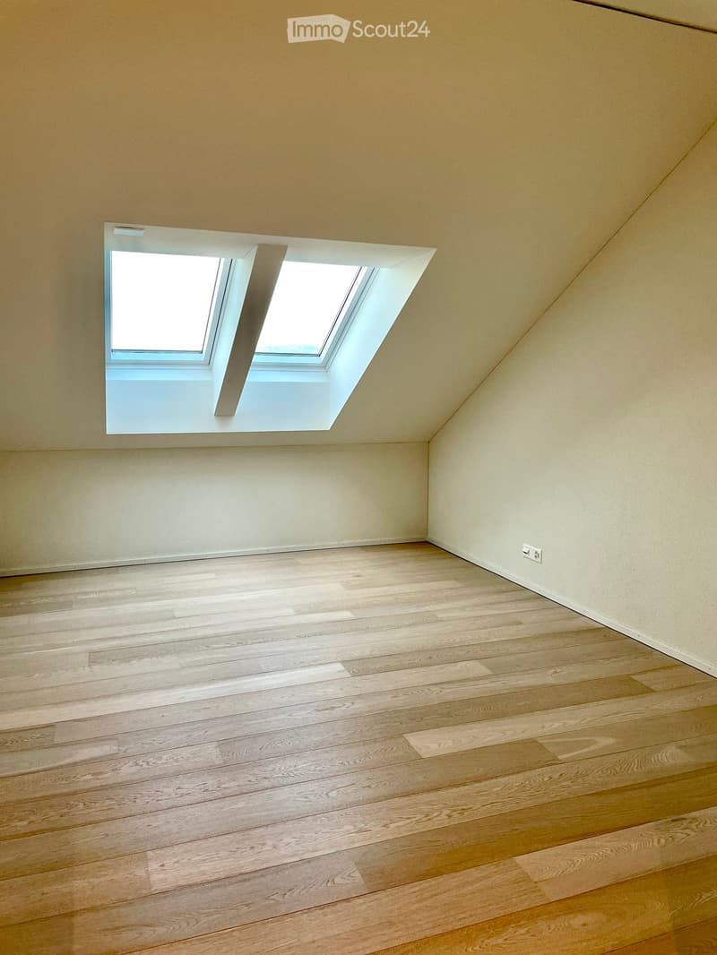 Empty room with wooden flooring and a skylight window, featuring light-colored walls and a visible electrical outlet.