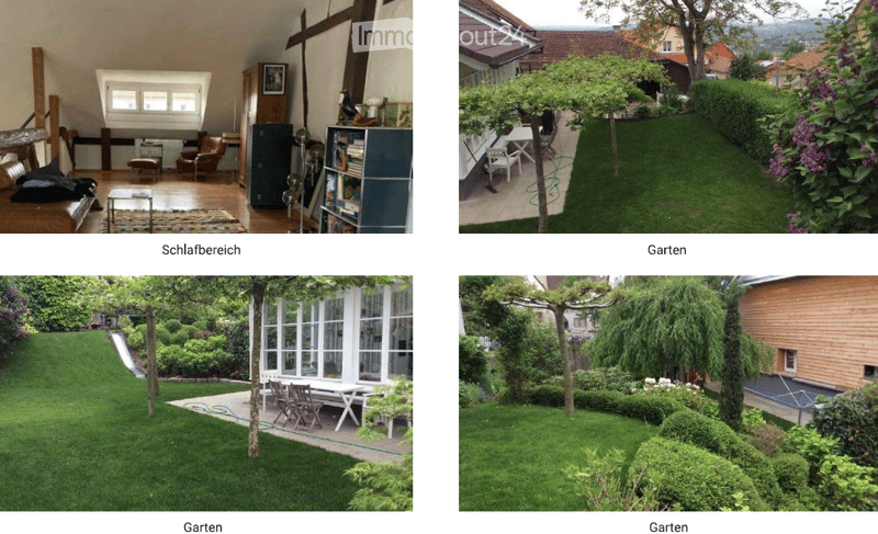 Four images showing a furnished living space and three garden areas. The living space includes a sofa, coffee table, bookshelf, and other furnishings. The gardens feature well-maintained lawns, trees, patio furniture, and a small gazebo.