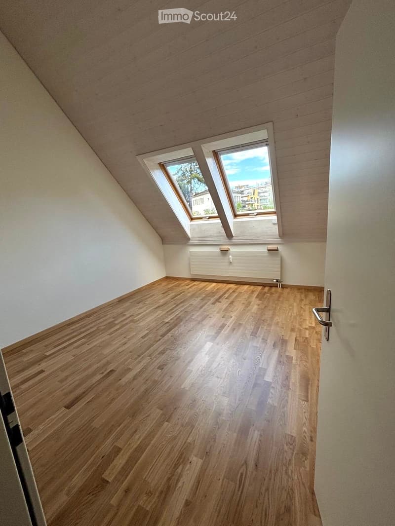 Empty attic room with wooden flooring, white walls, and two skylight windows offering a view of the outside.