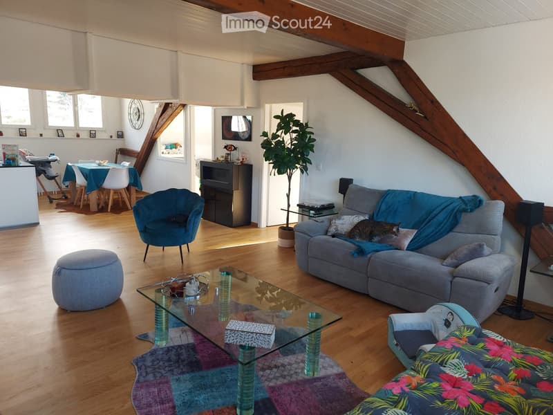 Living room with wooden floor, exposed wooden beams, grey sofa with a cat, glass coffee table, blue armchair, ottoman, dining area with table and chairs, and a potted plant.