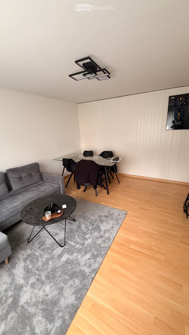 Modern living room with grey sofa, black coffee table, grey rug, and a glass dining table with chairs.