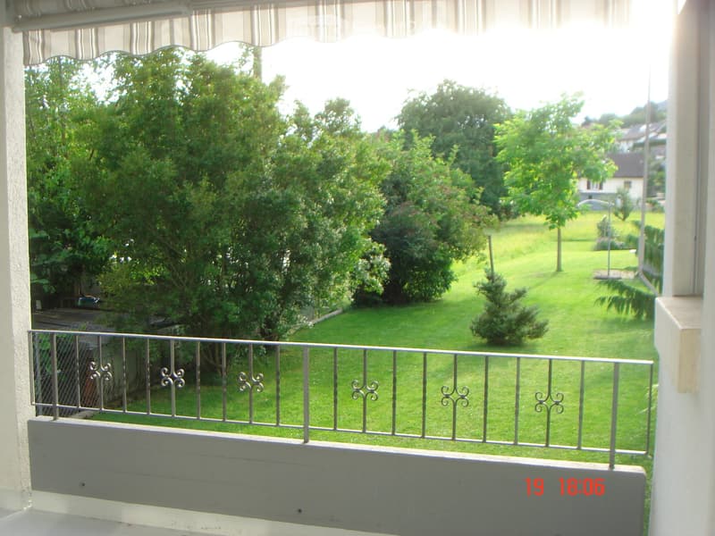 Balcony with metal railing overlooking a well-maintained garden with green grass, trees, and shrubs.