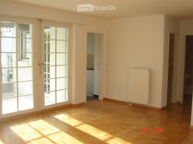 Empty room with wooden flooring, large windows, and a radiator on the wall.