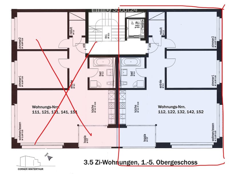 Floor plan of3.5 apartment units on the 1st to 5th upper floors, showing living rooms, kitchens, bathrooms, bedrooms, and entrances.