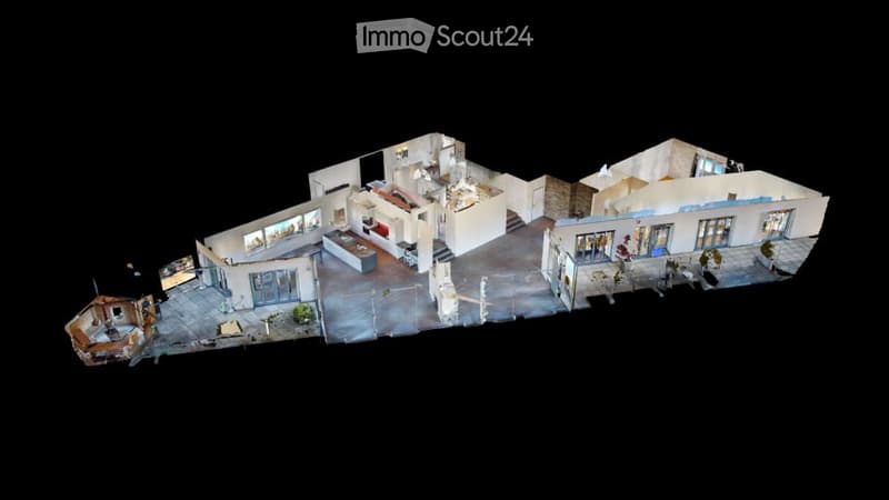 open floor plan, large windows, multiple balconies, indoor fireplace, 2 garages, swimming pool