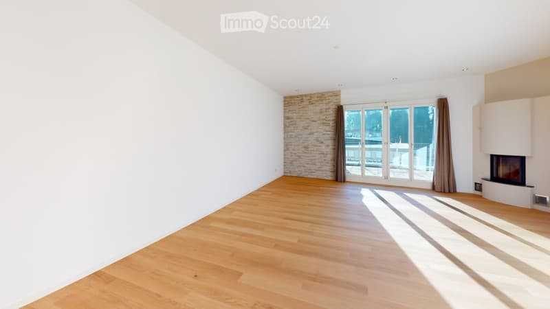 Open plan room with white walls, wooden floor, sliding glass doors, and fireplace