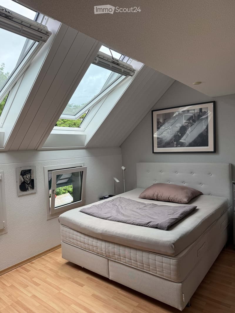 Cozy attic bedroom with wooden flooring, large skylights, a single bed with pillows, and artwork on the walls.