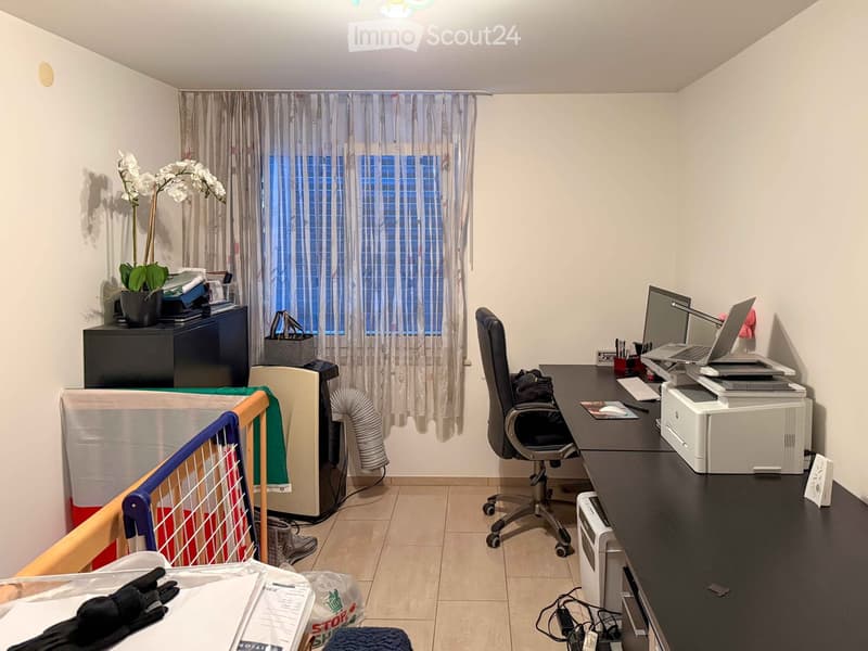 A well-lit room with a desk setup, a chair, a laptop, a printer, and a flower on a cabinet. There is a baby gate and a curtained window.