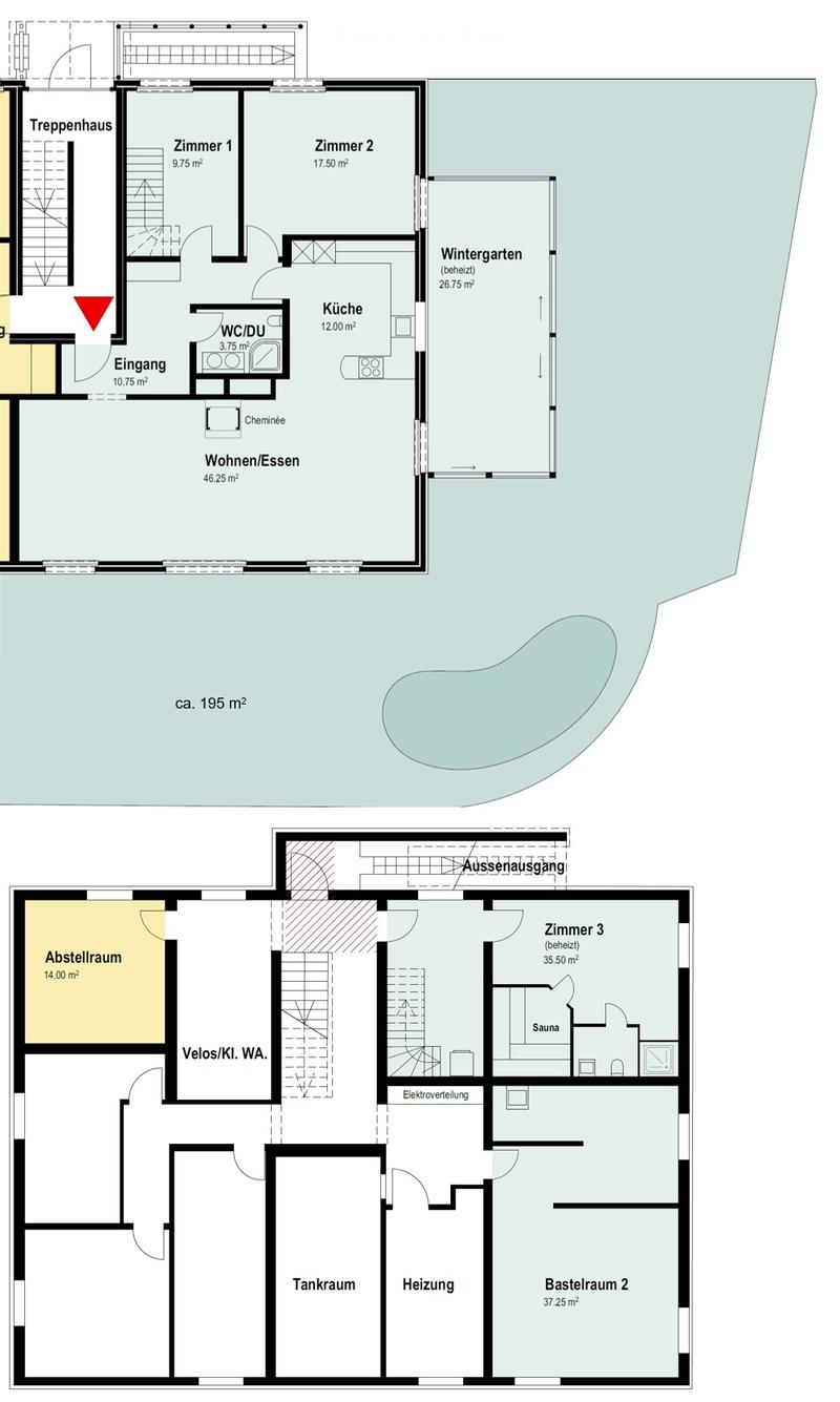 Floor plan showing two levels: upper level includes entrance, living/dining area, kitchen, two bedrooms, WC/shower, staircase, and winter garden. Lower level includes storage room, bicycle/storage area, sauna, tank room, heating room, and basement space.