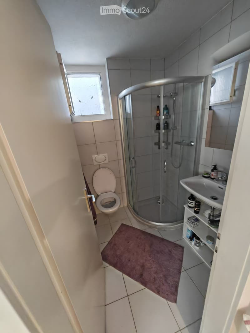 Modern bathroom with a glass-enclosed shower, toilet, sink, and a small cabinet with toiletries. A purple towel is placed on the floor.