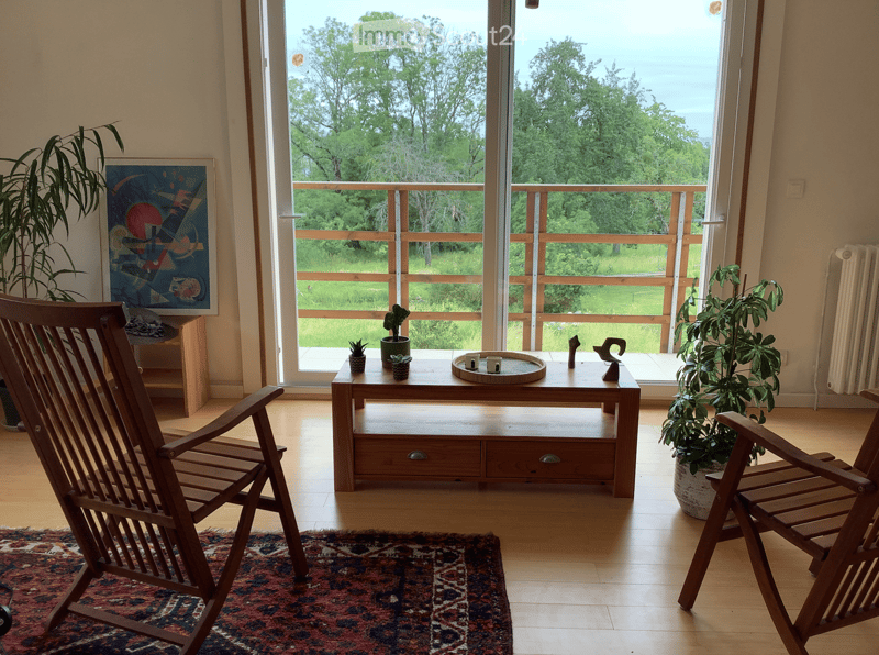 Bright living room with large windows and a balcony overlooking a green landscape. Features a wooden table, two wooden chairs, a colorful rug, and several potted plants.