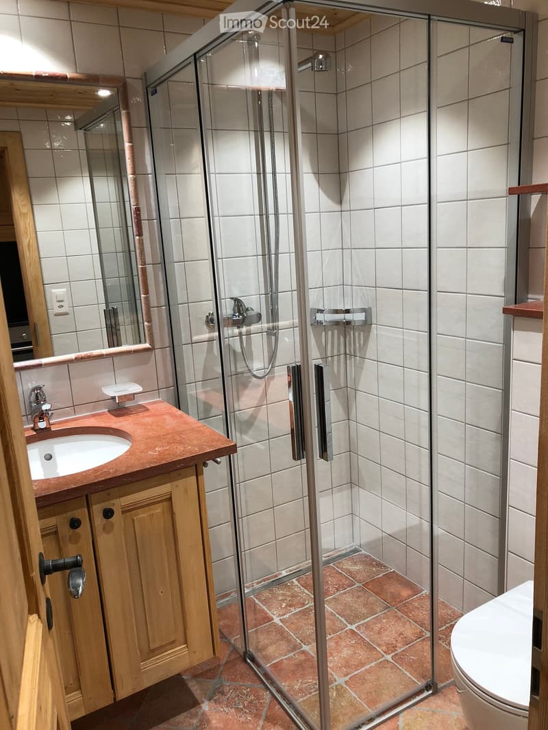 Modern bathroom with a glass-enclosed shower, a wooden vanity with a sink, and a toilet. The shower features a handheld sprayer and a fixed showerhead. The walls are tiled in light gray, and the floor is covered with terracotta tiles.
