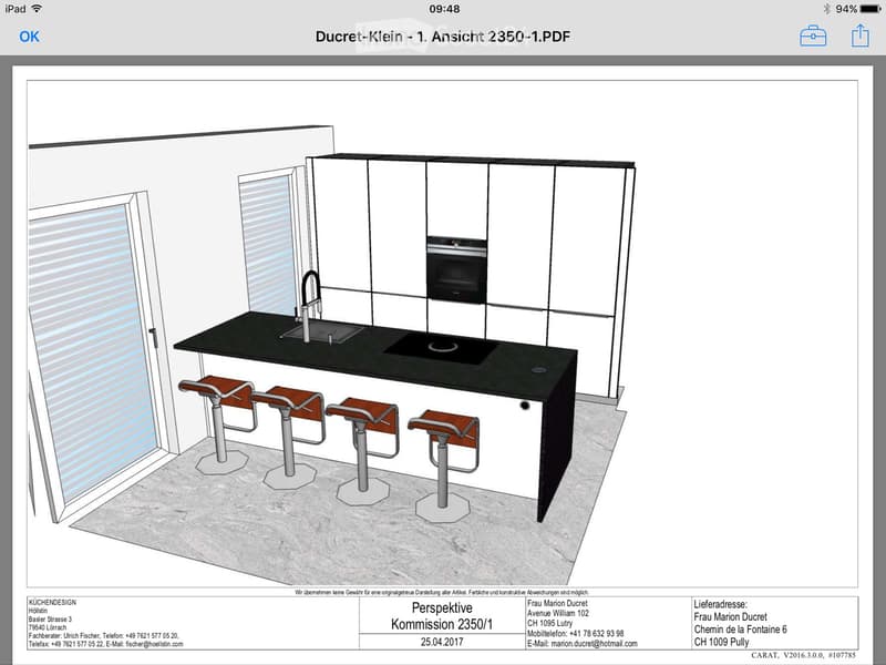 3D floor plan of a modern kitchen with white cabinets, black countertops, a sink, and four bar stools.