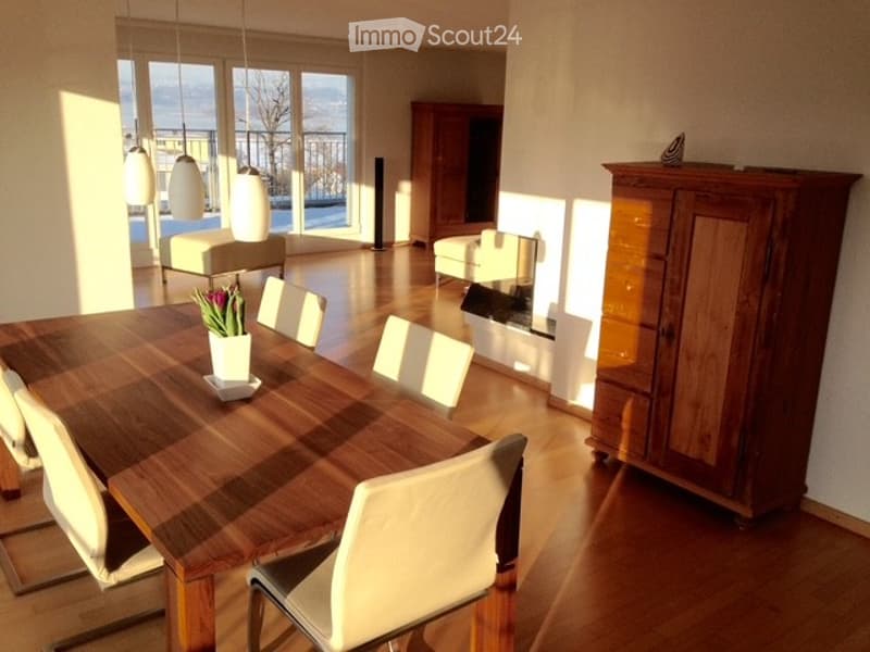 Bright, modern dining area with a large wooden dining table, white chairs, a cabinet, and a view of the balcony. The room features a fireplace and a sofa in the background.