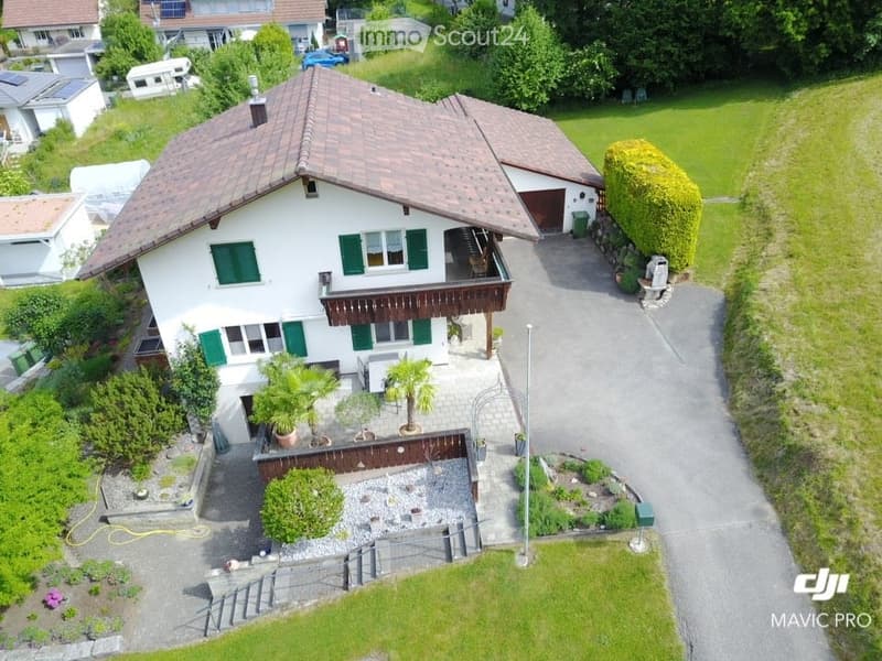 A two-story house with a brown tiled roof, white walls, green shutters, and a balcony. The house features a garage, a driveway, and a well-maintained garden with various plants and trees.