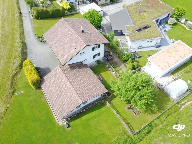 Aerial view of a residential area with multiple houses, well-maintained lawns, and gardens. The houses have pitched roofs and are surrounded by greenery and pathways.
