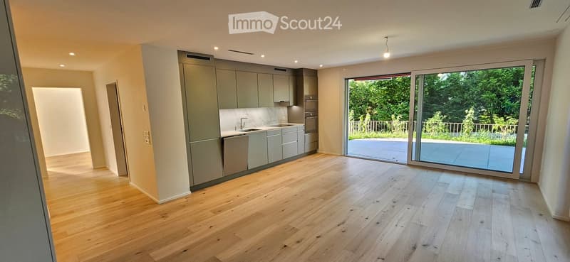 Modern kitchen with light grey cabinets, wooden flooring, and a large sliding glass door leading to an outdoor area.