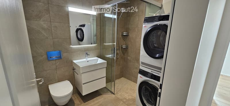 Modern bathroom with a white sink, toilet, mirror, and a stacked washer/dryer unit. Features a glass-enclosed shower with a modern design.