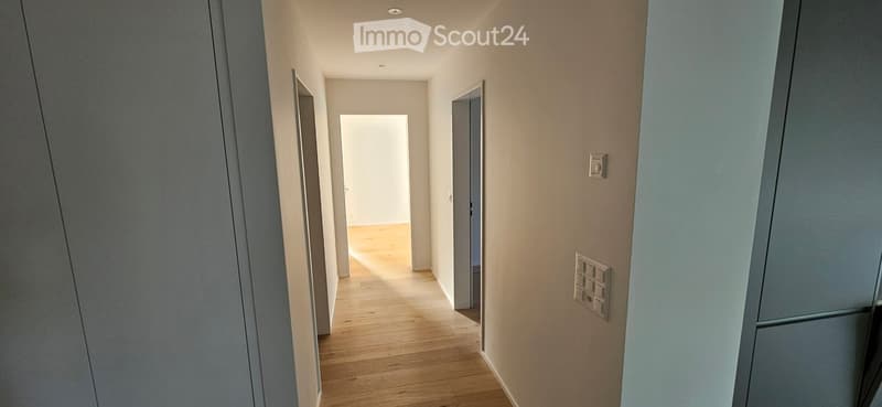 A modern, well-lit hallway with light wooden flooring, white walls, and several doors leading to different rooms.