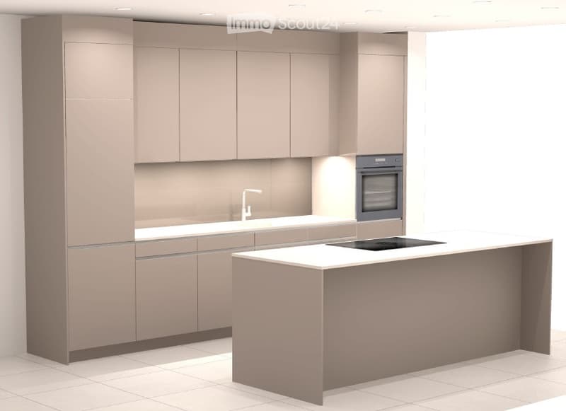 Modern kitchen with light grey cabinetry, a central island, and built-in appliances including an oven and a faucet.