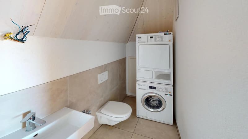 Modern bathroom with a white sink, chrome faucet, toilet, and stacked white washing machine and dryer unit.