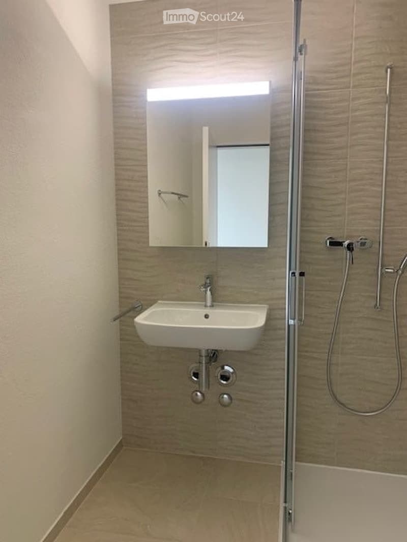 Modern bathroom with a white sink, a large mirror with built-in lighting, and a glass-enclosed shower area.