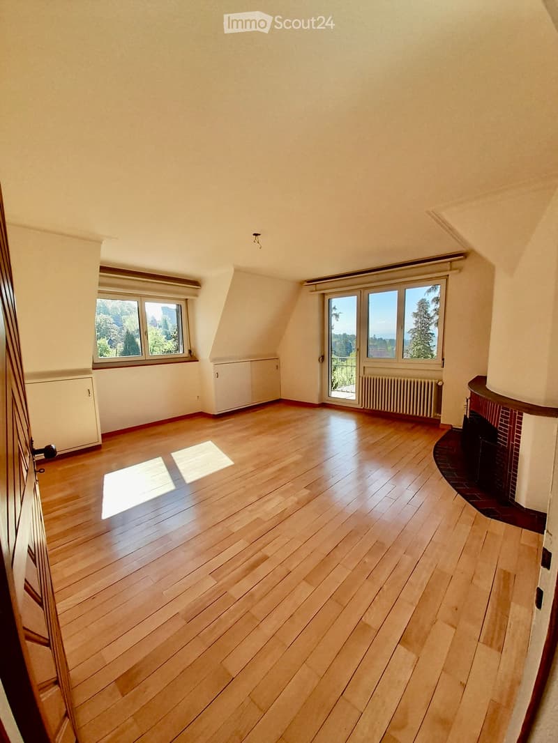Empty attic room with wooden flooring, large windows, and a fireplace. The space is well-lit with natural light and has a slanted ceiling typical of attic spaces.
