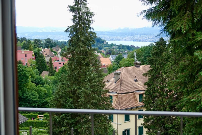 Balcony overlooking a scenic view of a town with houses, trees, and distant mountains and a lake.