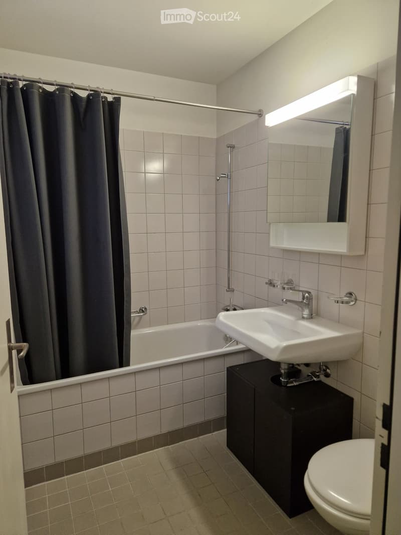 Modern bathroom with a bathtub, sink, mirror, toilet, and a dark-colored cabinet. The walls are tiled with light gray tiles and a brown accent border. A shower curtain is visible on the left side.