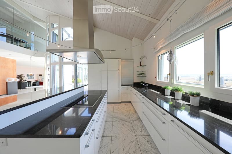 Modern kitchen with white cabinets, black countertops, and a central island. Features include a range hood, pendant lights, and potted plants on the counter.