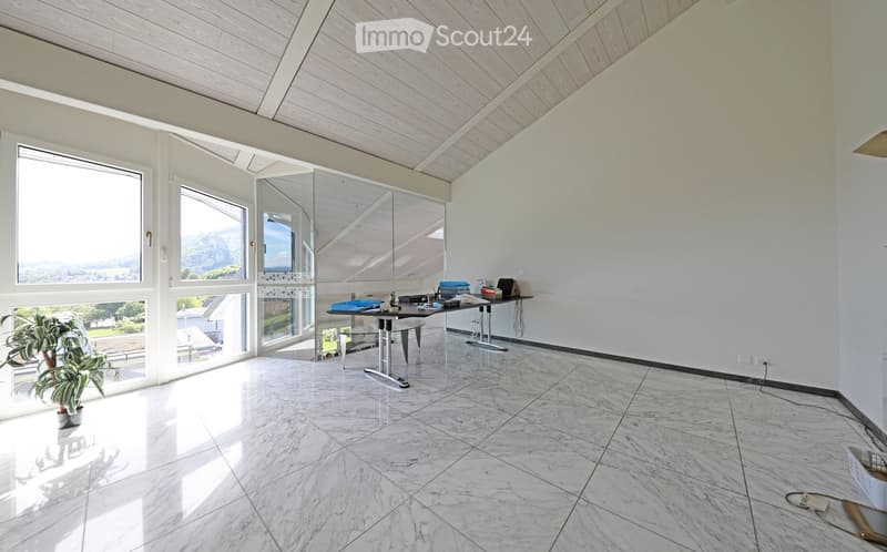 Bright, modern room with large windows offering a scenic view, marble flooring, and a wooden slanted ceiling. Contains a table with chairs, a laptop, and a potted plant.