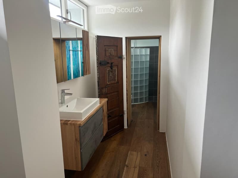 A narrow hallway with wooden flooring, a sink on the left, a mirror above it, and a wooden door leading to a shower area with glass tiles.