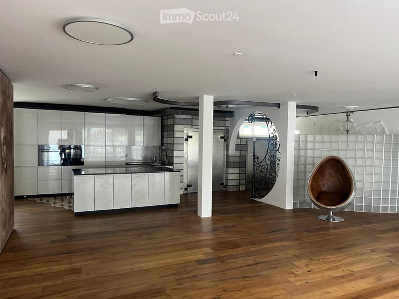 Modern, open-plan space with a kitchen area and a living area. Features include sleek white cabinets, a stainless steel sink, a round egg-shaped chair, and a polished wooden floor.