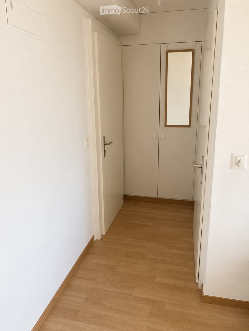 A clean, minimalist hallway with light wooden flooring, white walls, and several closed white doors. A small mirror is mounted on one wall.