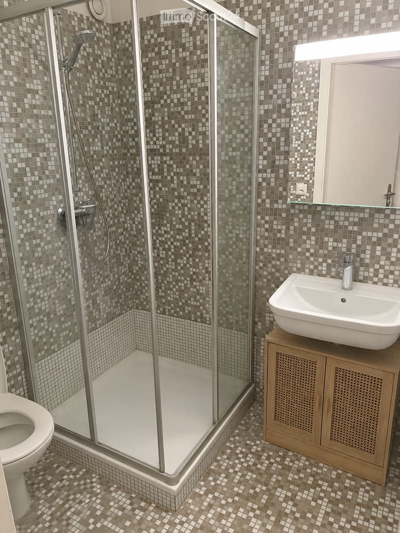 Modern bathroom with a glass-enclosed shower, a toilet, a sink on a wooden cabinet, and mosaic tile walls and floor.