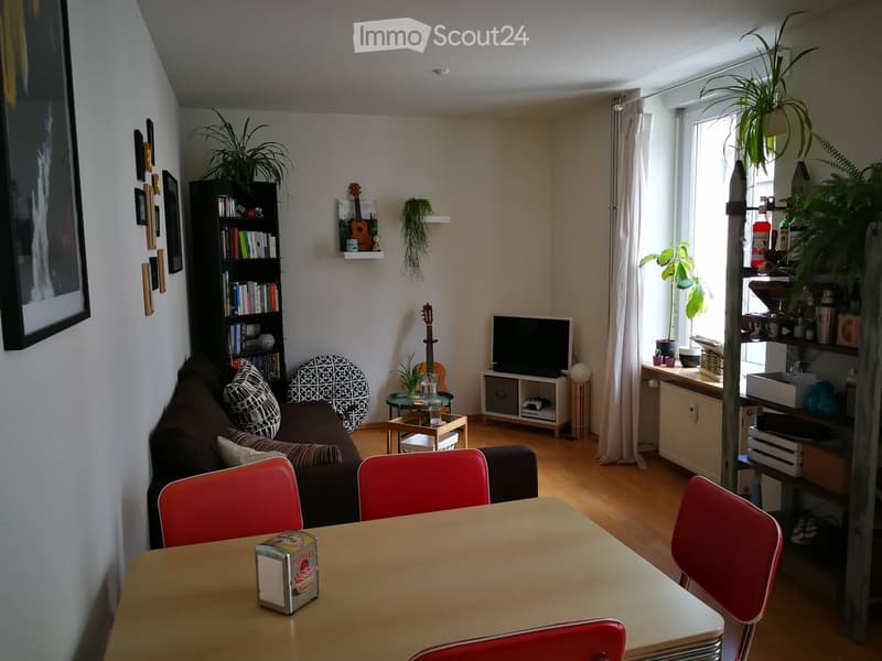 A cozy living room with a sofa, coffee table, dining table with chairs, bookshelf, television, and various decorative items including plants and a guitar.