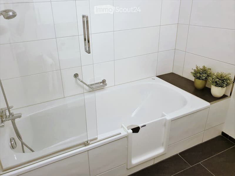 Modern bathroom with a white bathtub, glass shower enclosure, chrome fixtures, and two small potted plants on the edge of the tub.